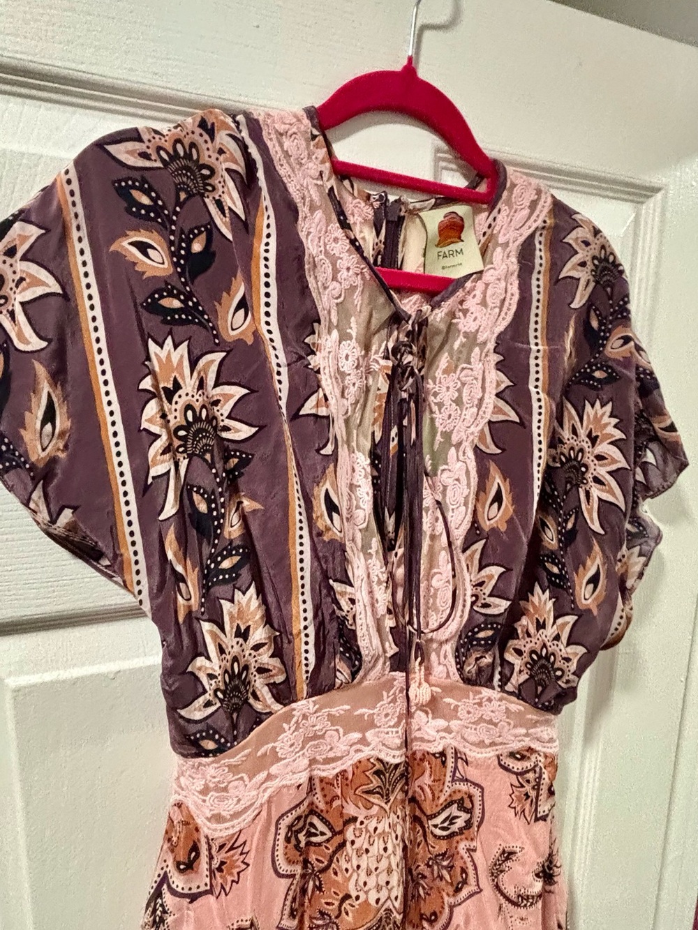 FARM Rio Mixed Paisley Tiered Lace-Trim Maxi Dress in Pink and Purple - Picture 2 of 7
